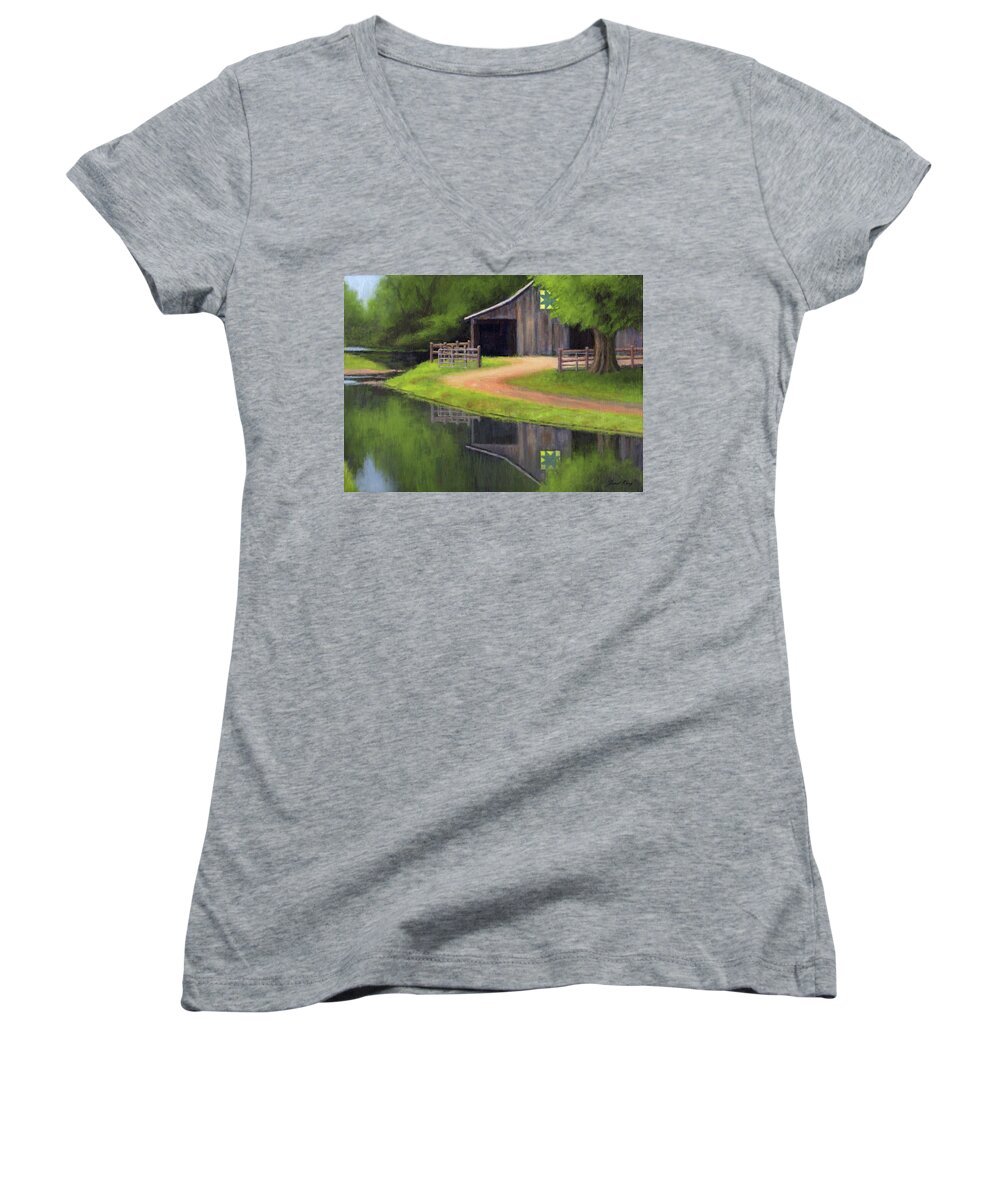 Barn Women's V-Neck featuring the painting Triple L Ranch by Janet King