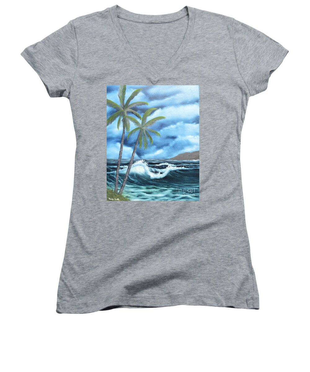 Foam Women's V-Neck featuring the painting Tropical by Mary Scott