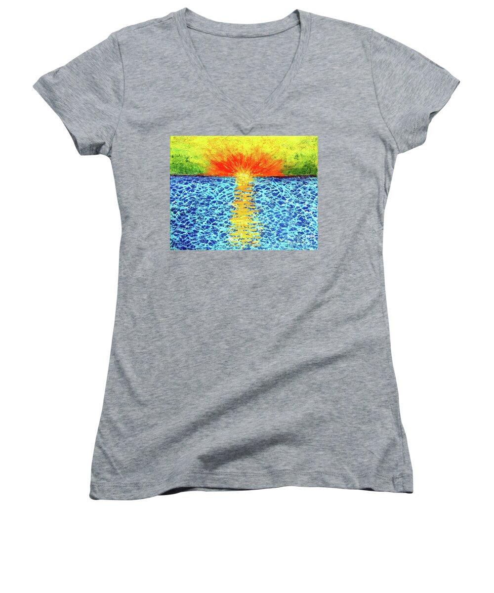 Sunrise Women's V-Neck featuring the painting Tropical Sunrise by Pattie Calfy