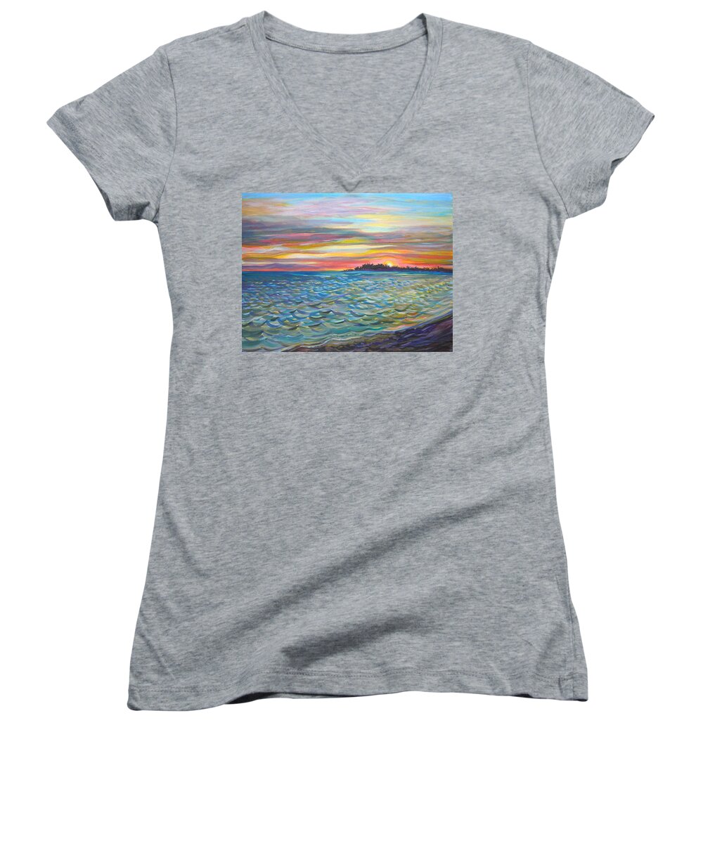 Acrylic Women's V-Neck featuring the painting Tropical Sunset by Anna Duyunova