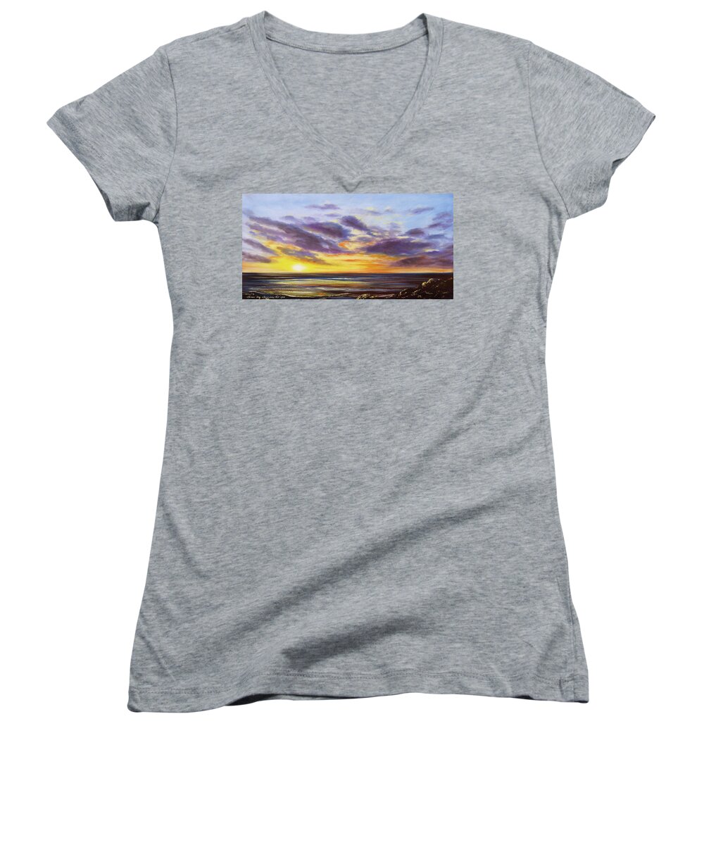 Sunset Women's V-Neck featuring the painting Tropical Sunset Panoramic Painting by Gina De Gorna