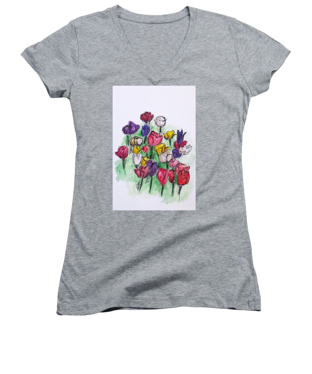 Tulips Women's V-Neck featuring the painting Tulip Bed by Clyde J Kell