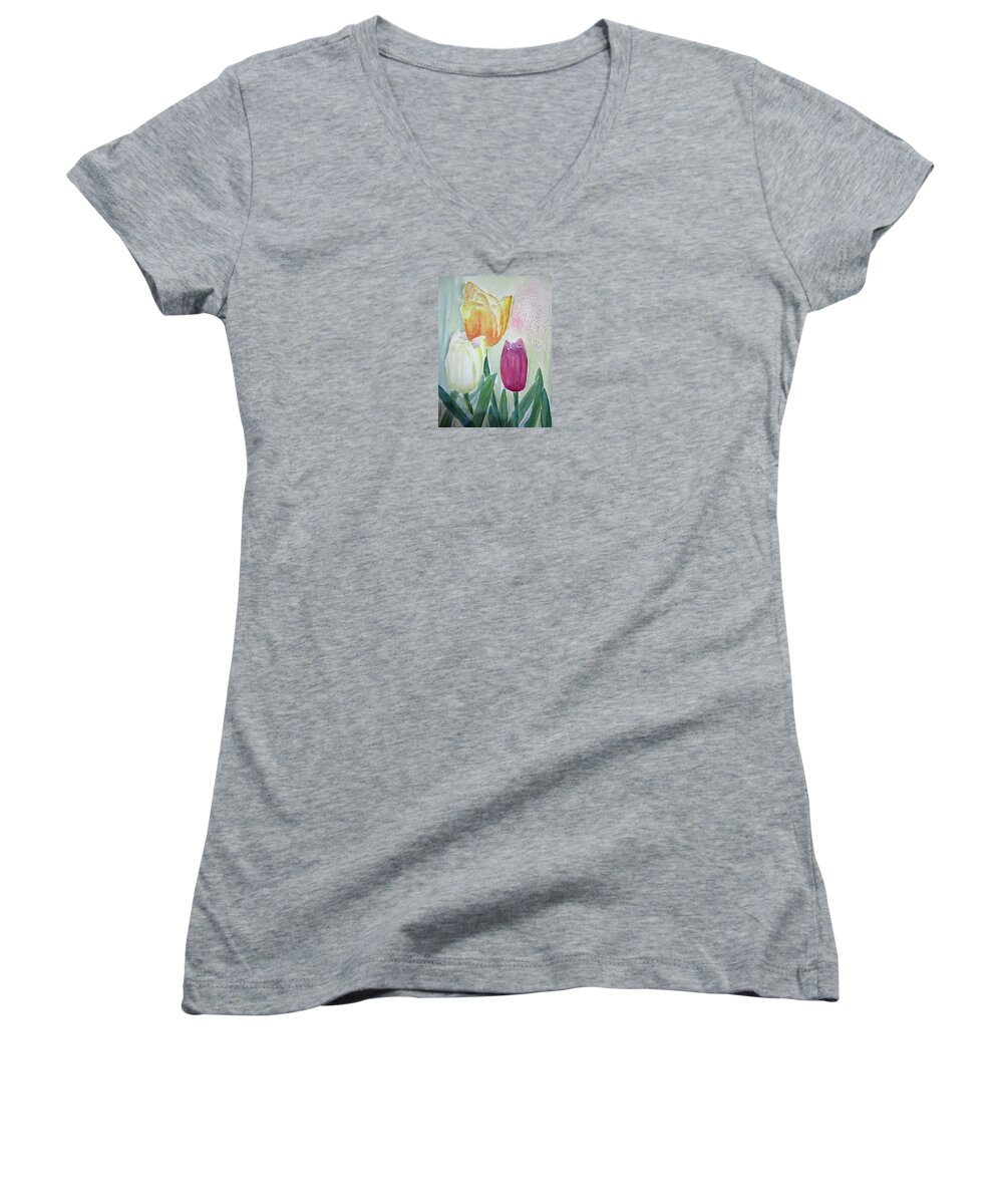 Floral Women's V-Neck featuring the painting Tulips by Elvira Ingram