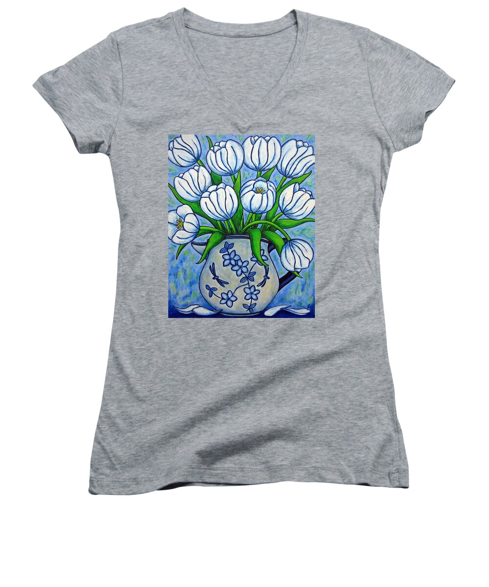 Flower Women's V-Neck featuring the painting Tulip Tranquility by Lisa Lorenz