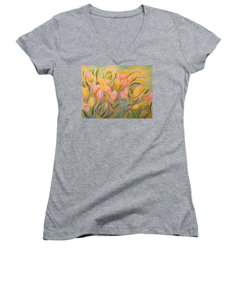 Floral Women's V-Neck featuring the painting Tulips by Theresa Marie Johnson