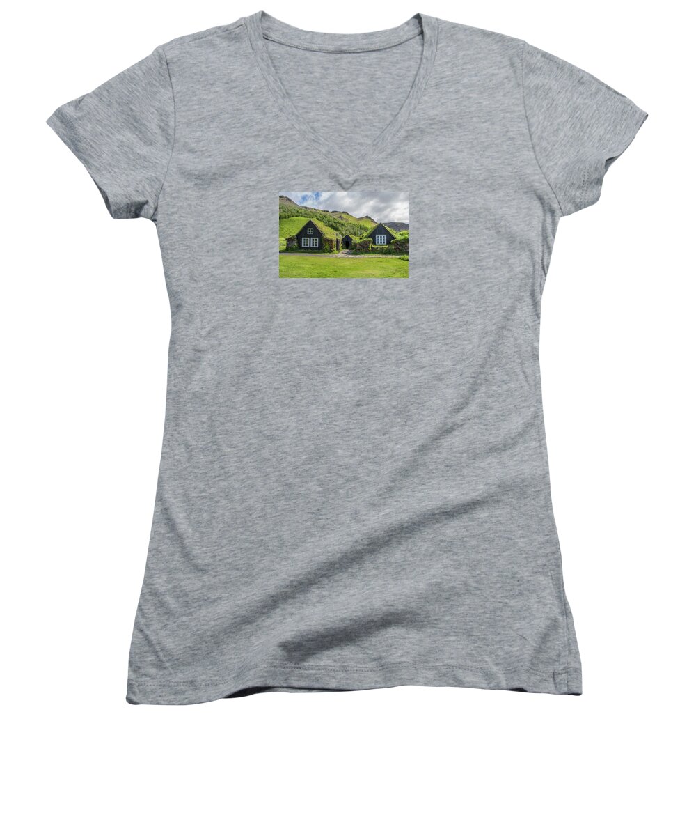 Iceland Women's V-Neck featuring the photograph Turf Roof Houses and Shed, Skogar, Iceland by Venetia Featherstone-Witty