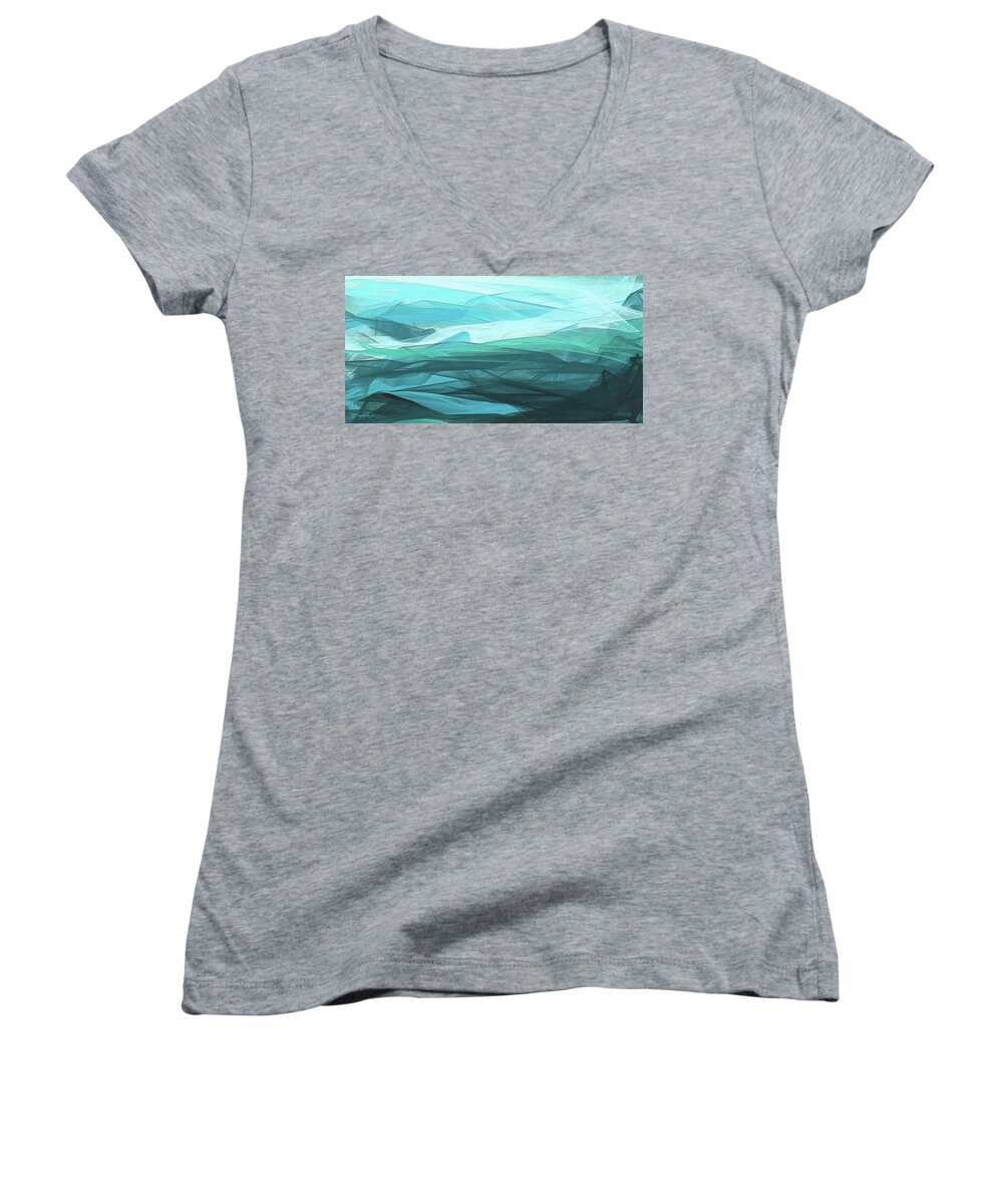 Blue Women's V-Neck featuring the painting Turquoise And Gray Modern Abstract by Lourry Legarde
