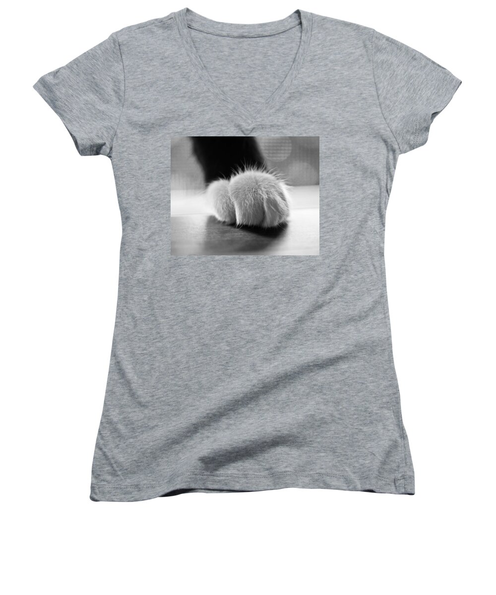 Tuxedo Women's V-Neck featuring the photograph Tuxedo cat paw black and white by Toby McGuire
