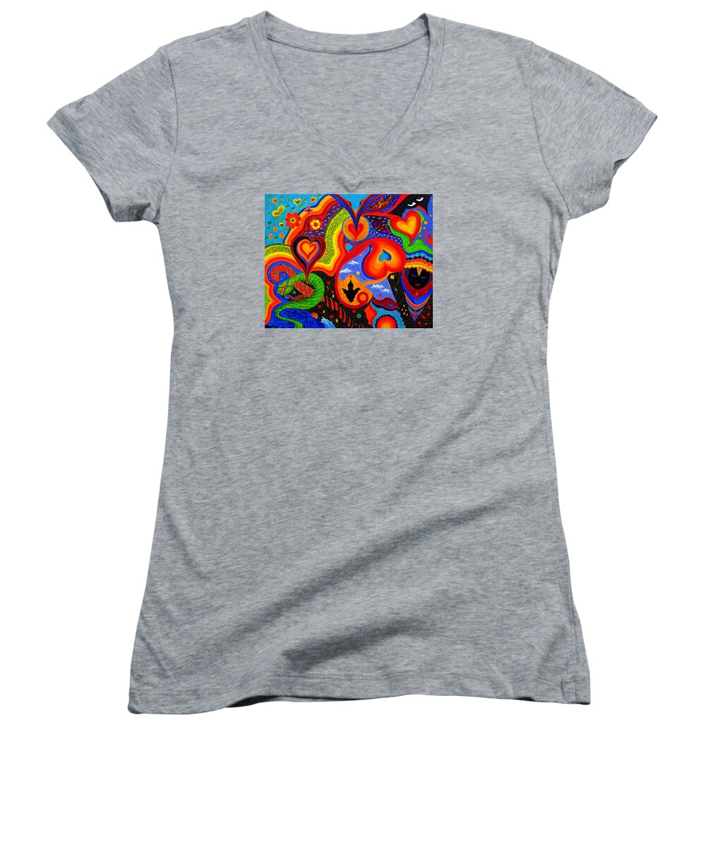 Abstract Women's V-Neck featuring the painting Hearts by Marina Petro