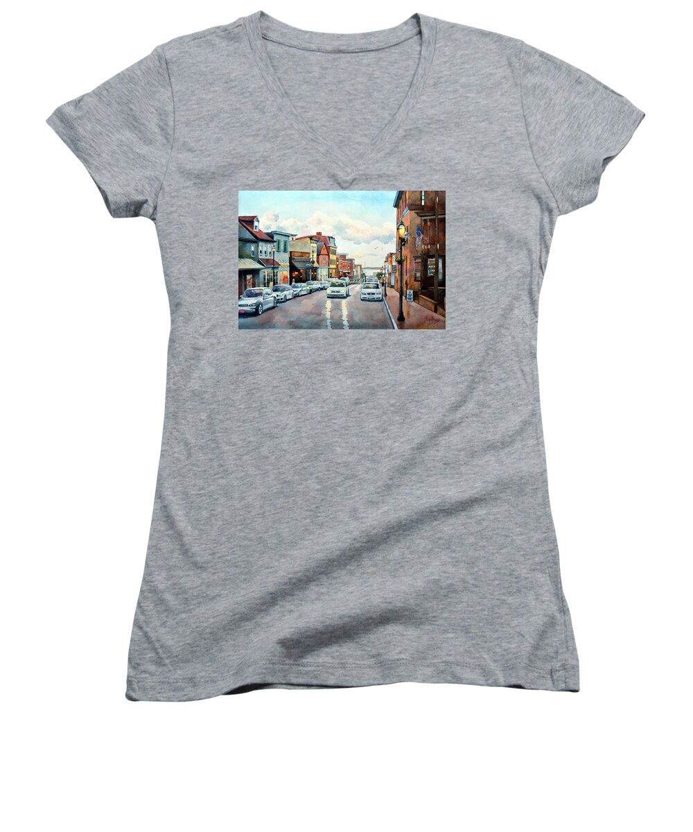 #watercolor #landscape #cityscape #annapolis #maryland #sunset #harbor #summer Women's V-Neck featuring the painting Twilight Annapolis by Mick Williams