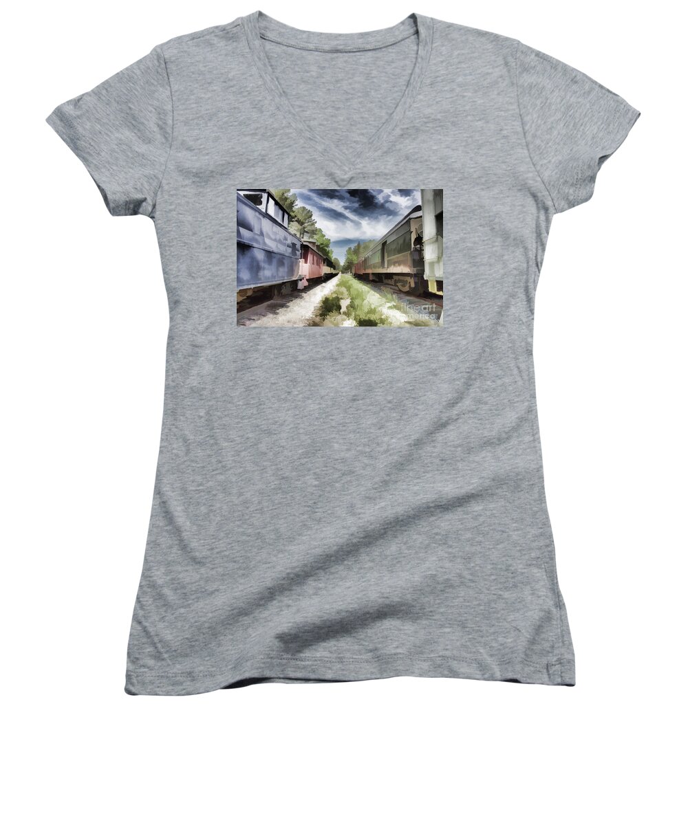 Railway Women's V-Neck featuring the photograph Twixt the Trains by Roberta Byram