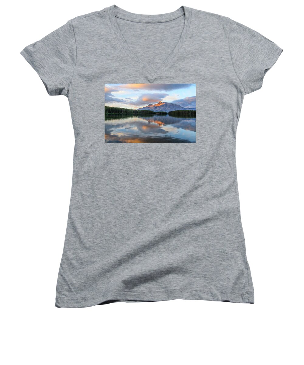Lake Women's V-Neck featuring the digital art Two Jack Lake, Banff National Park by Michael Lee