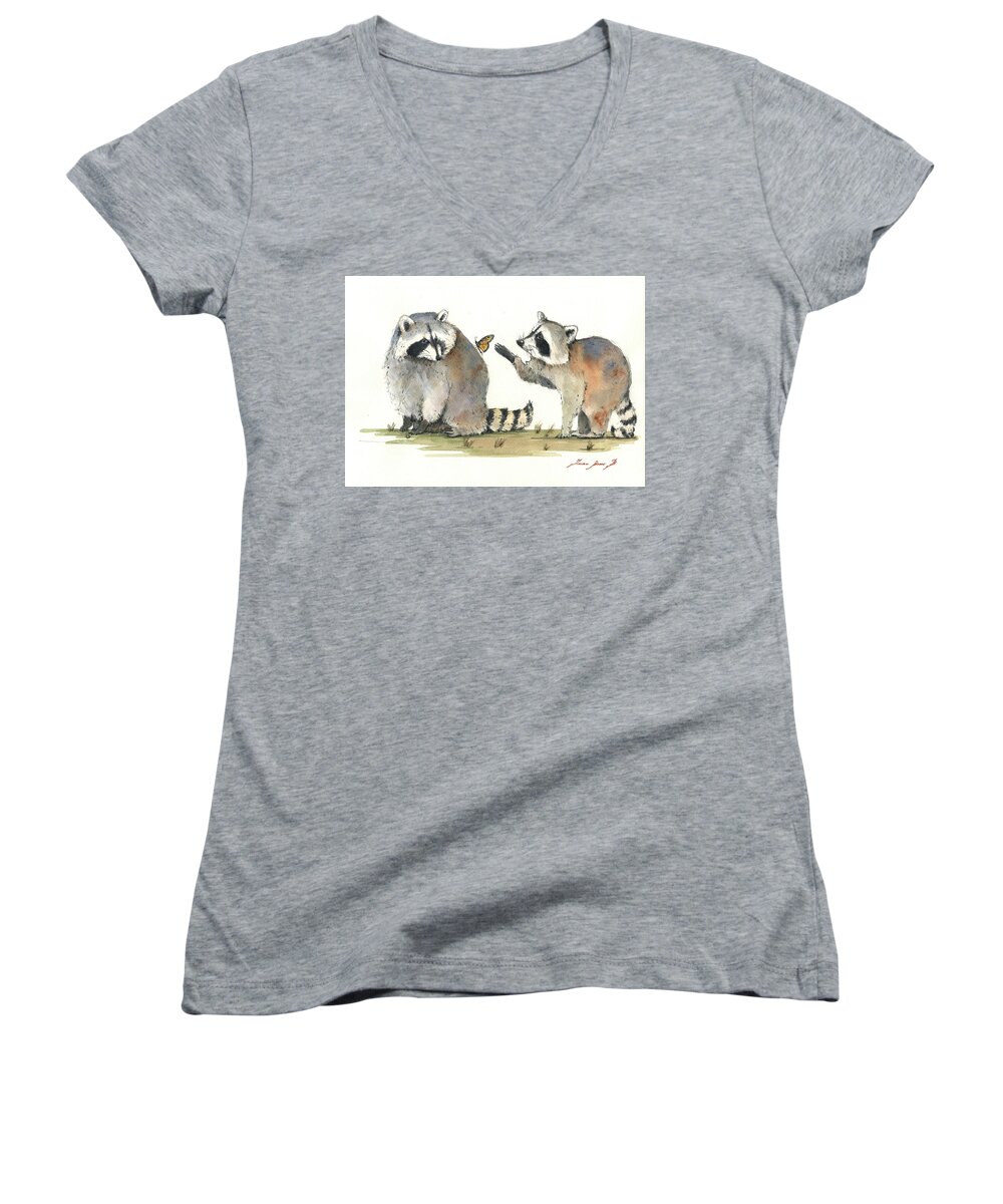 Raccoon Women's V-Neck featuring the painting Two Raccoons by Juan Bosco