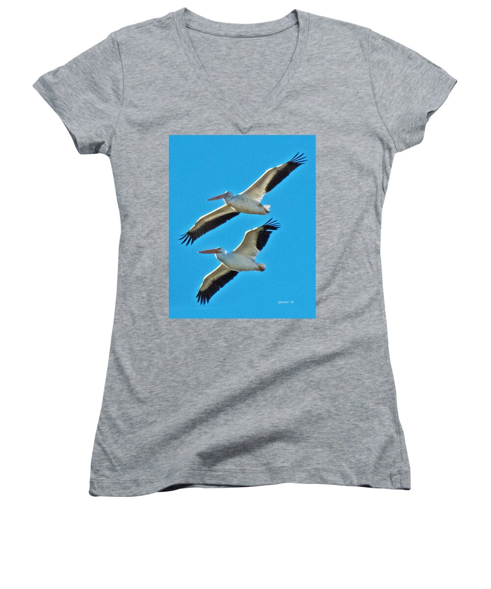 Wildlife Women's V-Neck featuring the photograph Two White Pelicans by T Guy Spencer