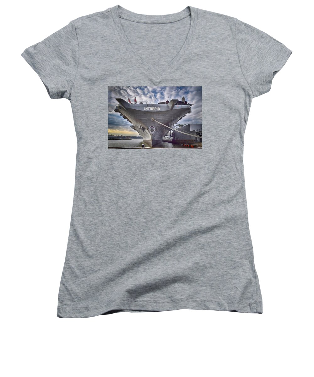 Intrepid Women's V-Neck featuring the photograph U S S INTREPID's BOW by Dyle Warren