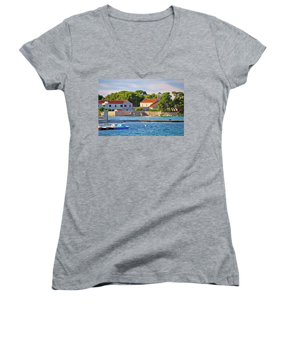 Ugljan Women's V-Neck featuring the photograph Ugljan island village old church and beach view by Brch Photography