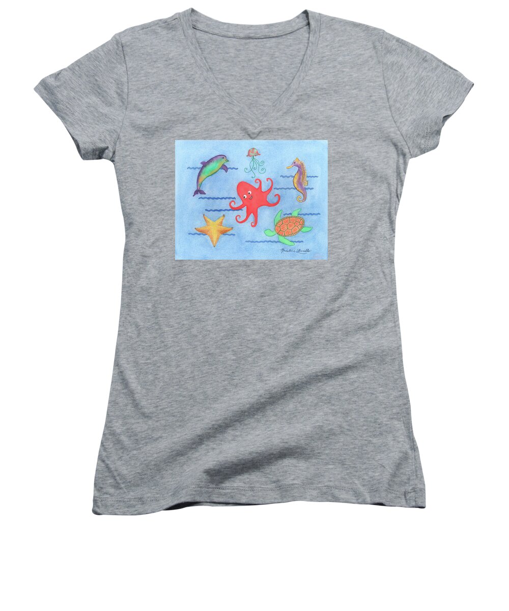 Red Octopus Women's V-Neck featuring the painting Under The Sea, Red Octopus by Madeline Lovallo