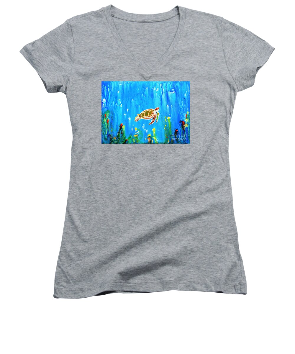Turtle Women's V-Neck featuring the painting Underwater Magic 5-Happy Turtle by Manjiri Kanvinde