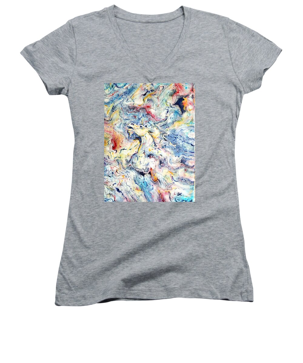 Unicorn Rainbow Magic Sky Fantasy Abstract Women's V-Neck featuring the painting Unicorns and Rainbows by Gail Butler