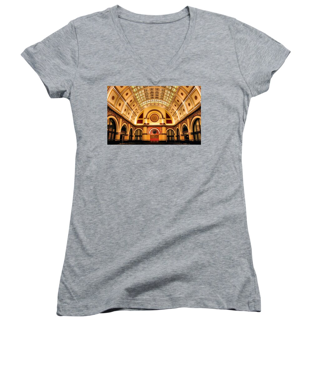 Historical Women's V-Neck featuring the photograph Union Station Balcony by Kristin Elmquist
