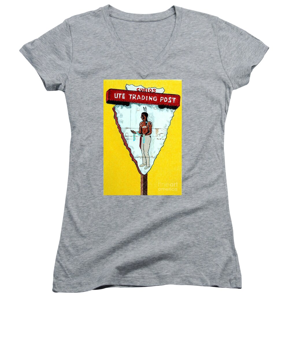 Vintage Women's V-Neck featuring the drawing Ute Trading Post by Glenda Zuckerman
