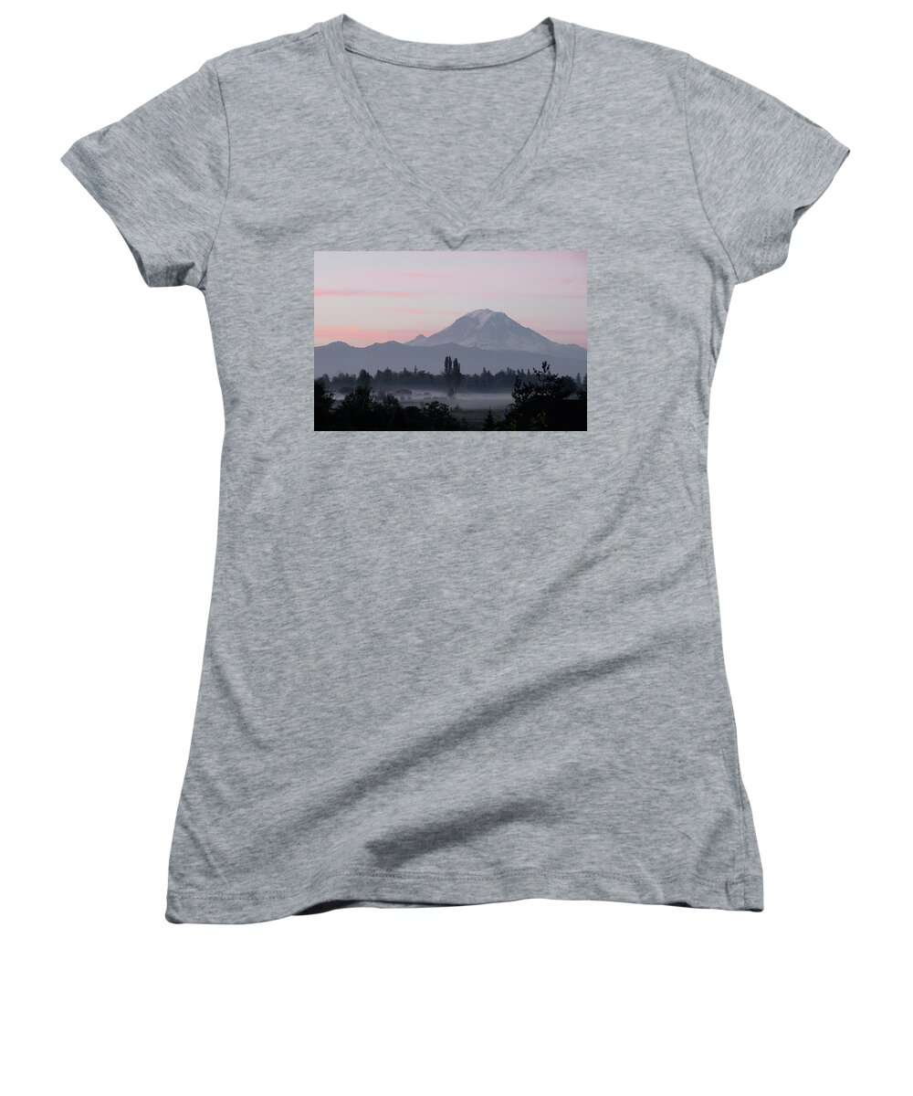 Mt. Rainier Women's V-Neck featuring the photograph Valley Mists by Shirley Heyn