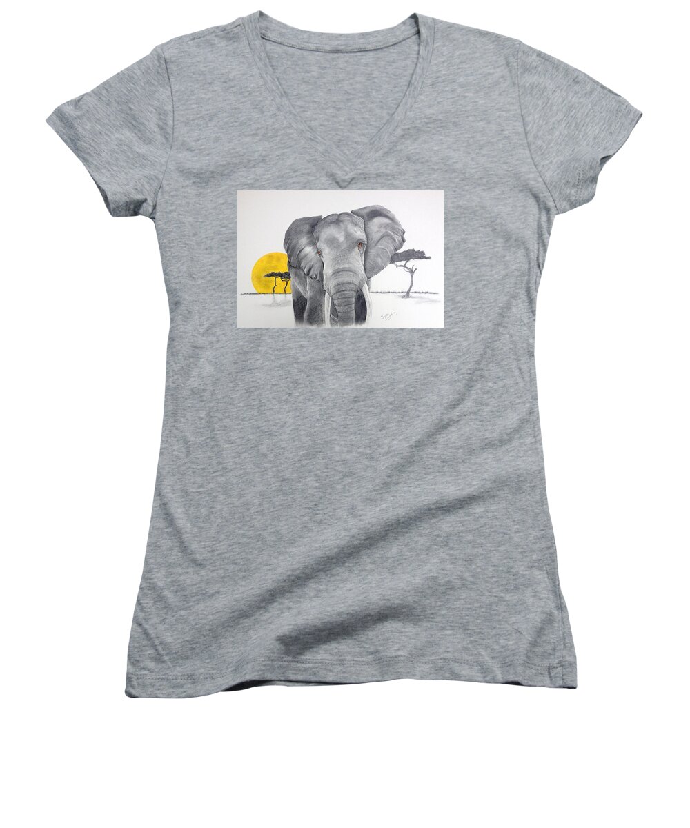 Elephant Women's V-Neck featuring the drawing Vanishing Elephant by Joette Snyder