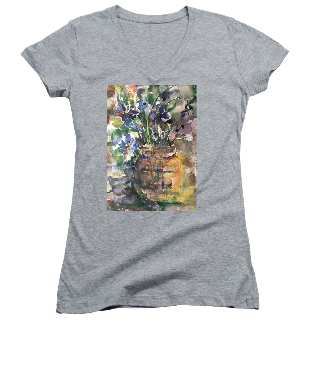 Vase Women's V-Neck featuring the painting Vase of Many Colors by Robin Miller-Bookhout