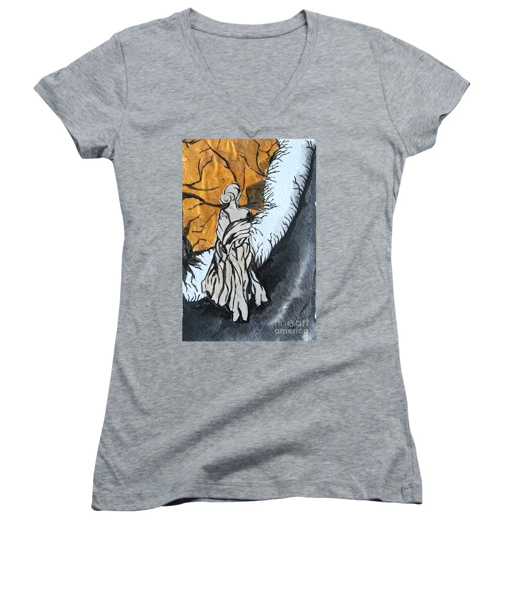 Sumi Ink Women's V-Neck featuring the drawing Veins by M Bellavia