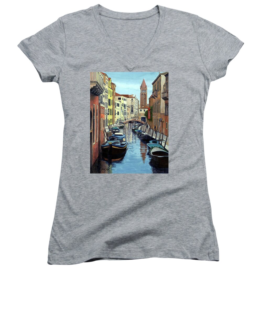 Venice Women's V-Neck featuring the painting Venice Canal Reflections by Janet King