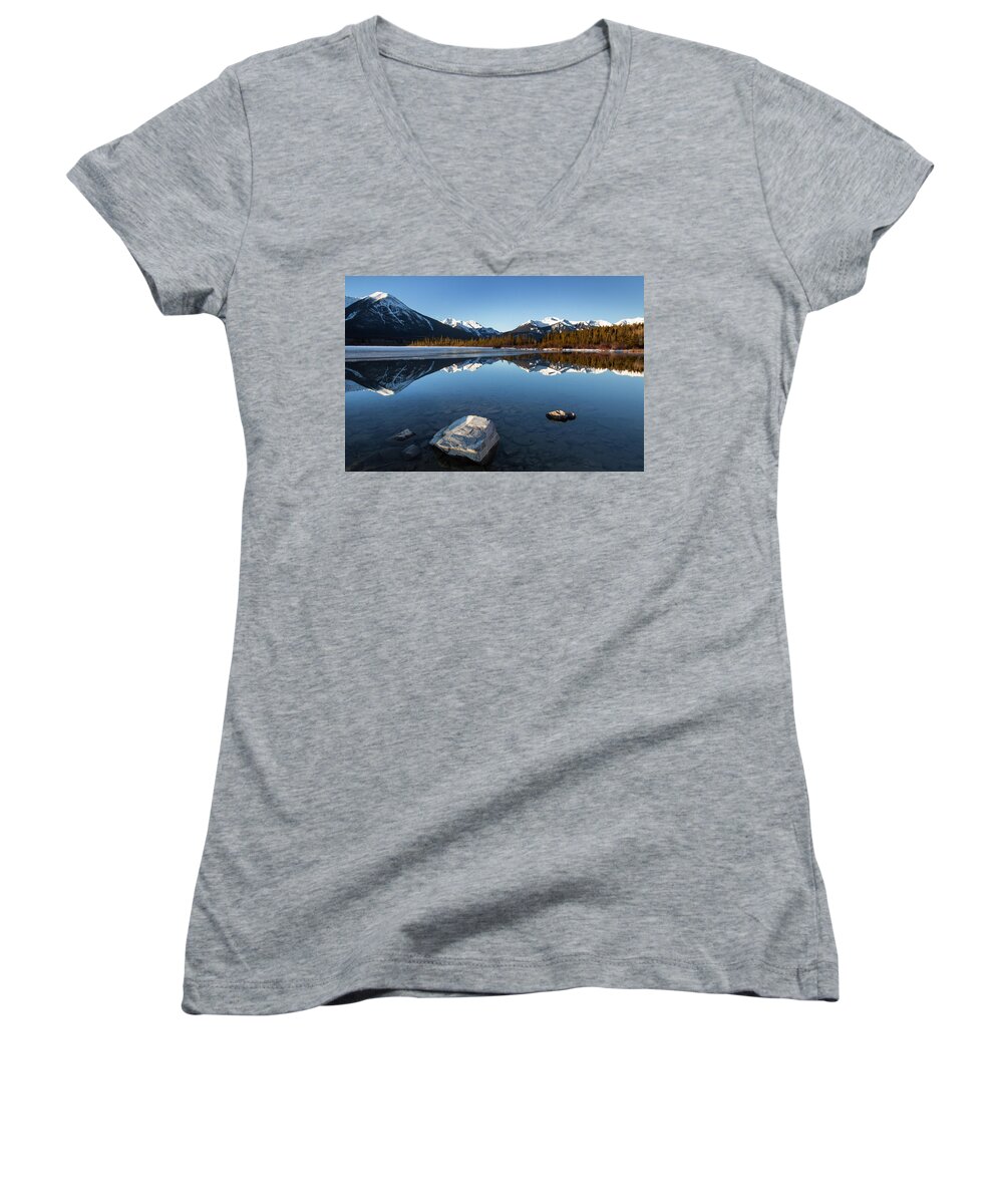 Vermillion Lakes Women's V-Neck featuring the photograph Vermillion 2 by Celine Pollard