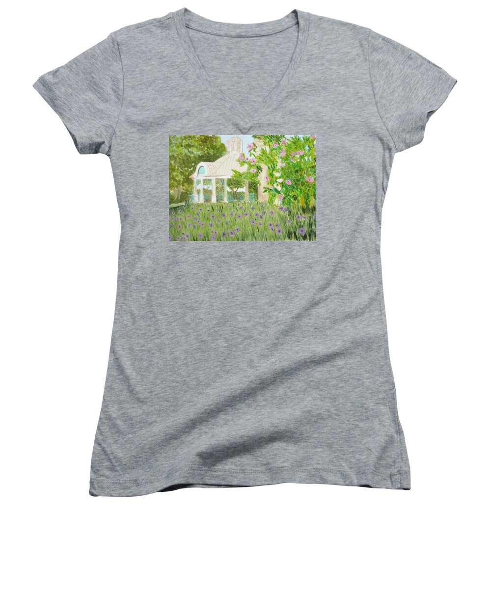 Park Women's V-Neck featuring the painting Veteran's Park by Donna Walsh
