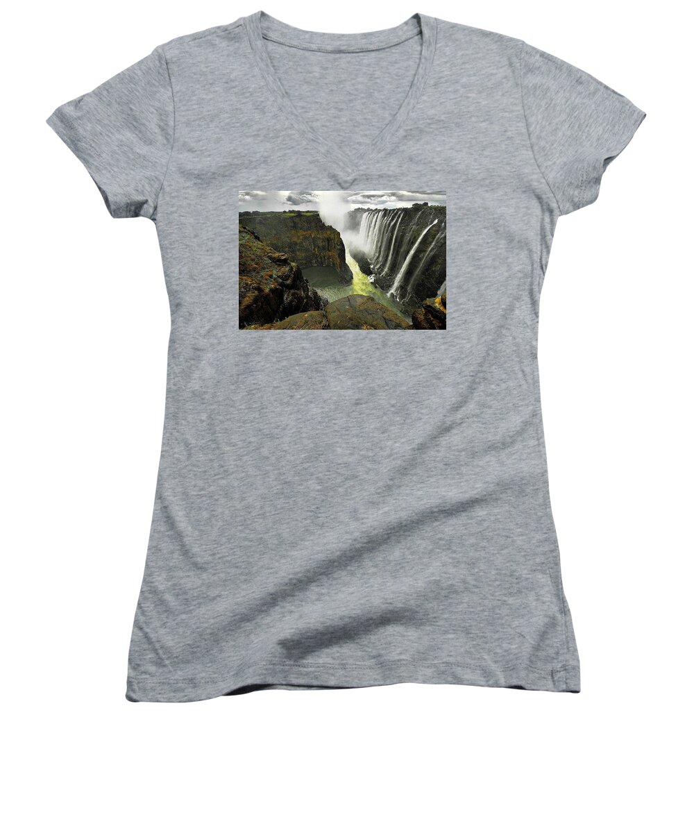 Victoria Falls Women's V-Neck featuring the photograph Victoria Falls Zambia and Zimbabwe by Andy Bucaille