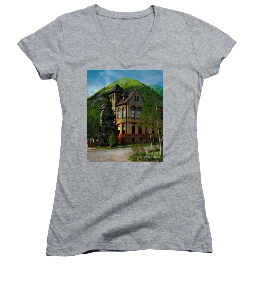Victorian Court House Rico Co Women's V-Neck featuring the digital art Victorian Court House Rico Colorado by Annie Gibbons