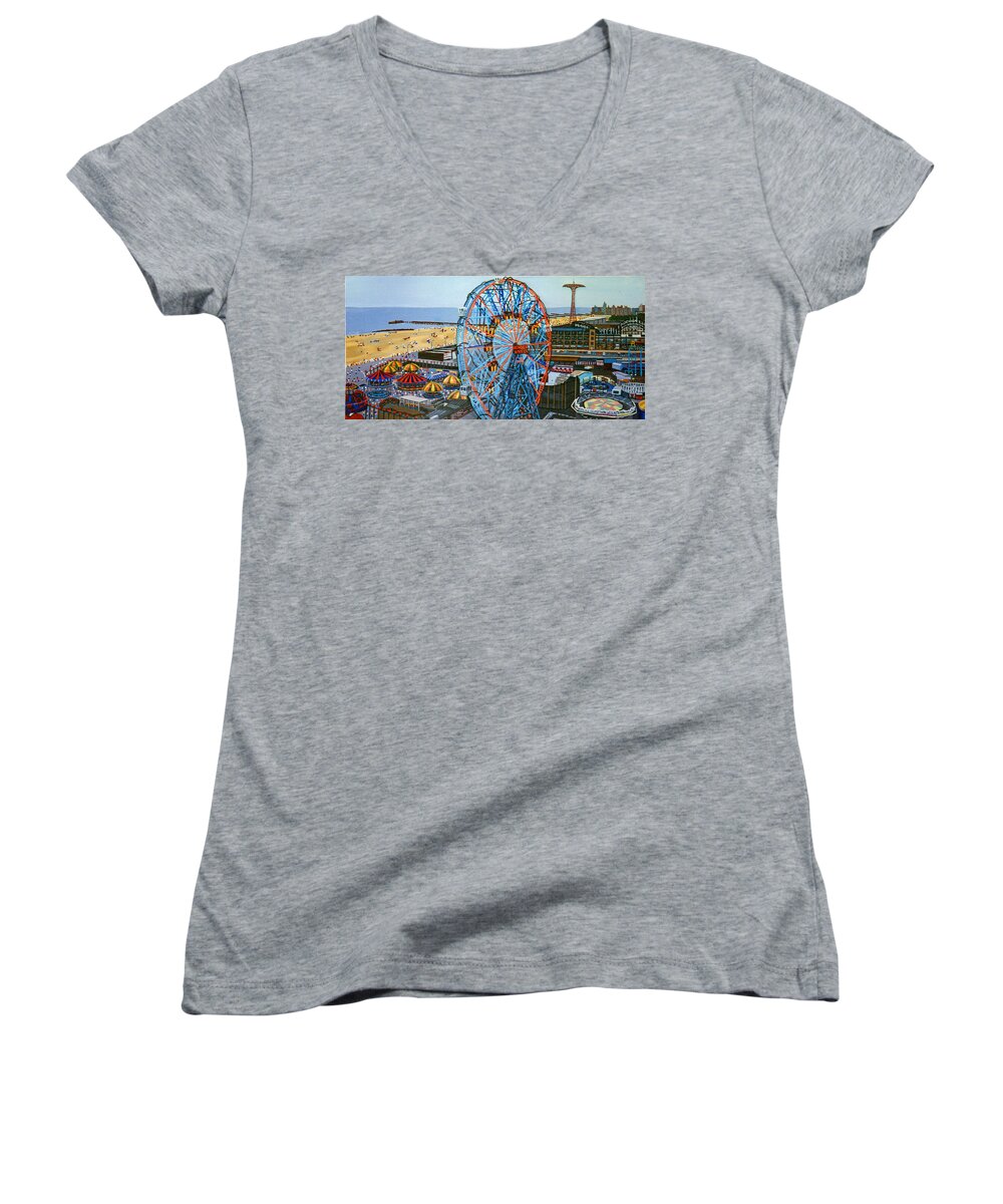 Coney Island Beach Women's V-Neck featuring the painting View From The Top Of The Cyclone Rollercoaster by Bonnie Siracusa