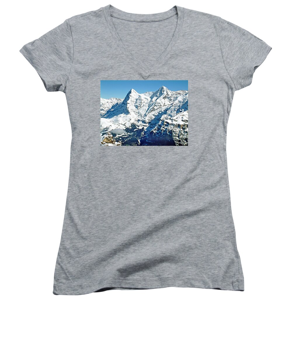 Europe Women's V-Neck featuring the photograph View of the Eiger from the Piz Gloria by Joseph Hendrix