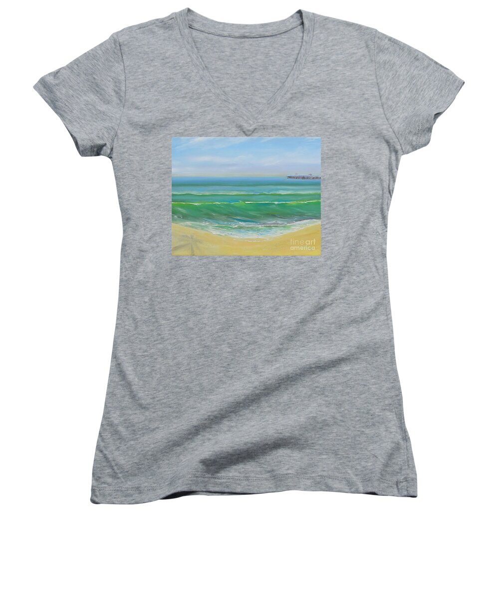 San Clemente Women's V-Neck featuring the painting View to the Pier by Mary Scott