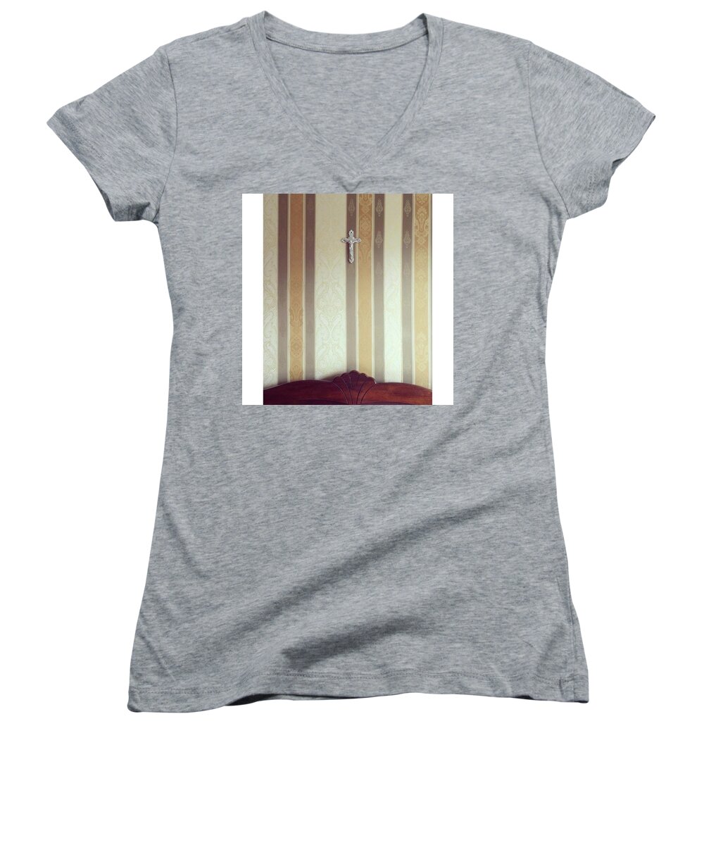 Brown Women's V-Neck featuring the photograph #vilnius #home #interior #wall by Oksana Nepyipyvo