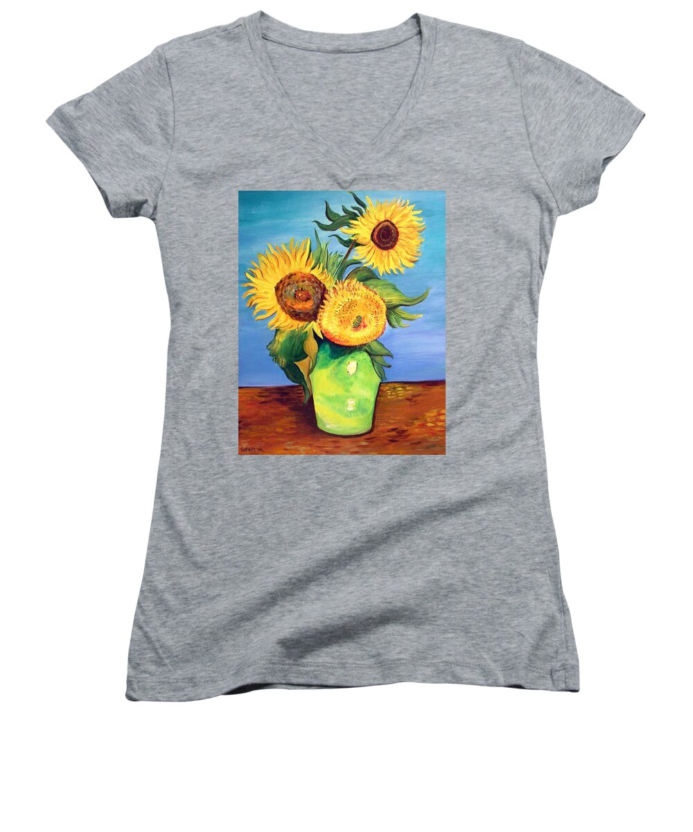 Van Gogh Women's V-Neck featuring the painting Vincent's Sunflowers by Patricia Piffath