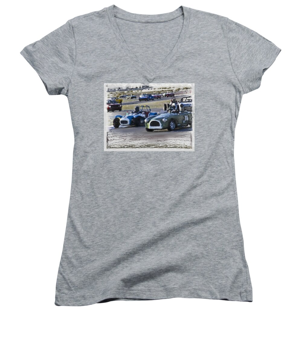 Auto Racing Women's V-Neck featuring the photograph Vintage Competition by Tom Griffithe