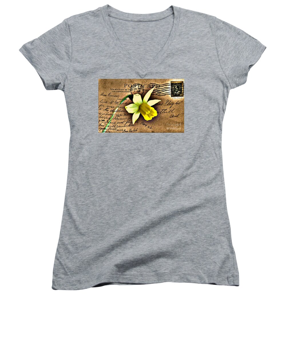 Flowers Women's V-Neck featuring the photograph Daffodil on Vintage 1909 Postcard by Nina Silver
