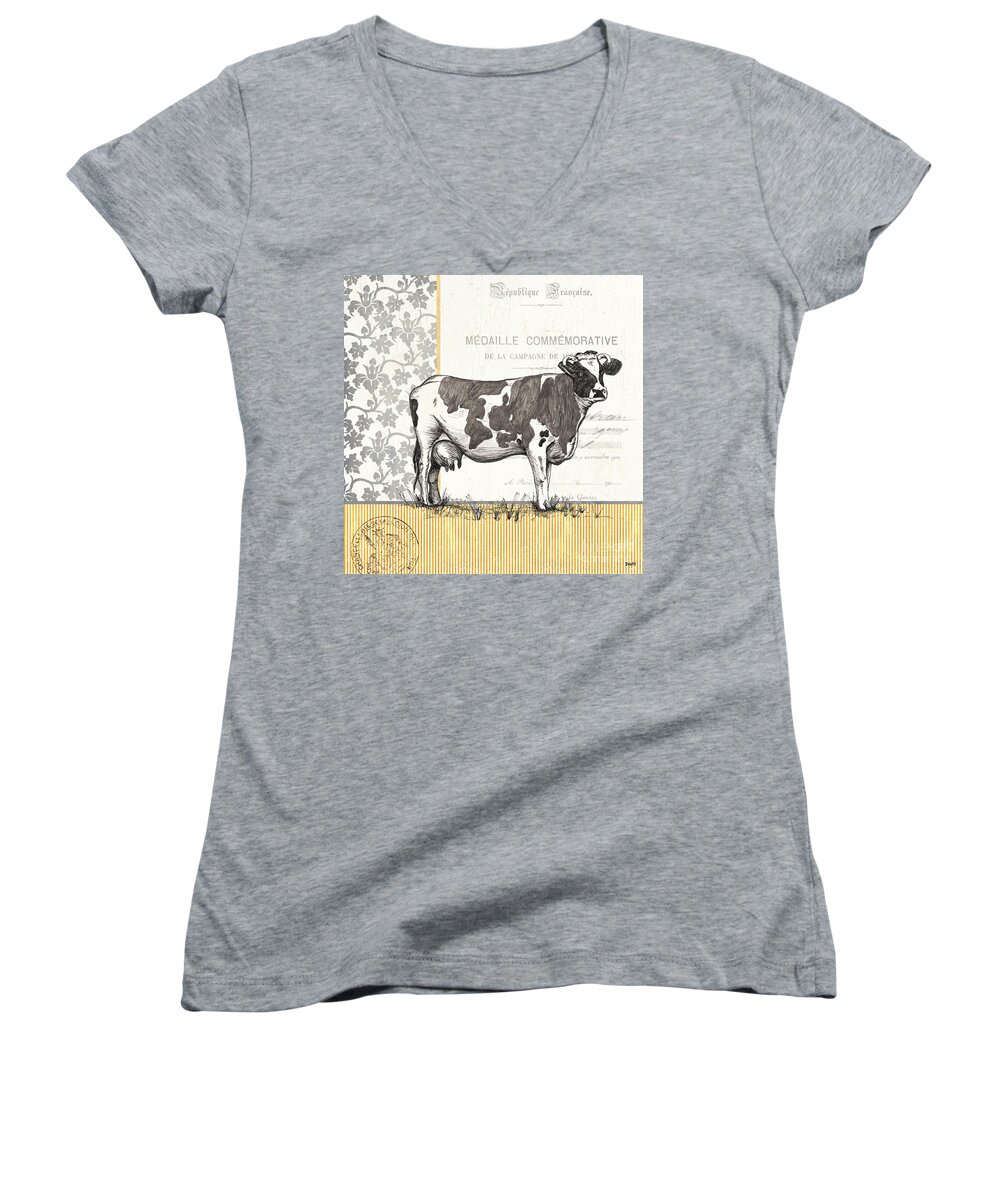 Cow Women's V-Neck featuring the painting Vintage Farm 4 by Debbie DeWitt
