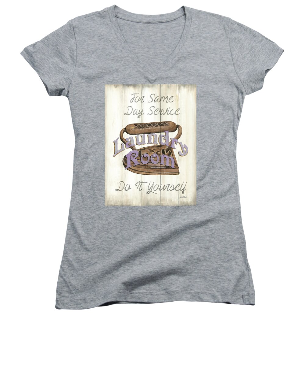 Laundry Women's V-Neck featuring the painting Vintage Laundry Room 1 by Debbie DeWitt