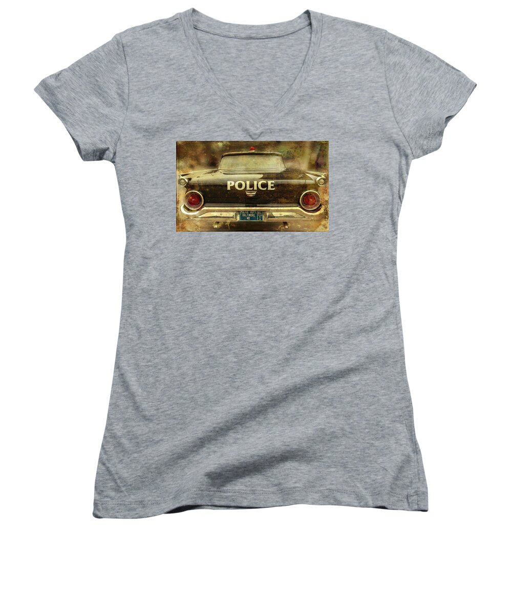 Vintage Women's V-Neck featuring the photograph Vintage Police Car - Baltimore, Maryland by Marianna Mills