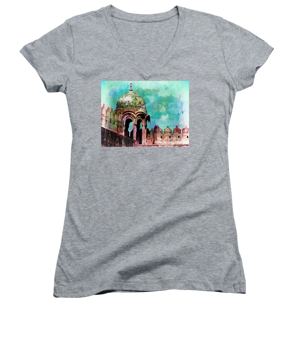Travel Photography Women's V-Neck featuring the photograph Vintage Watercolor Gazebo Ornate Palace Mehrangarh Fort India Rajasthan 2a by Sue Jacobi