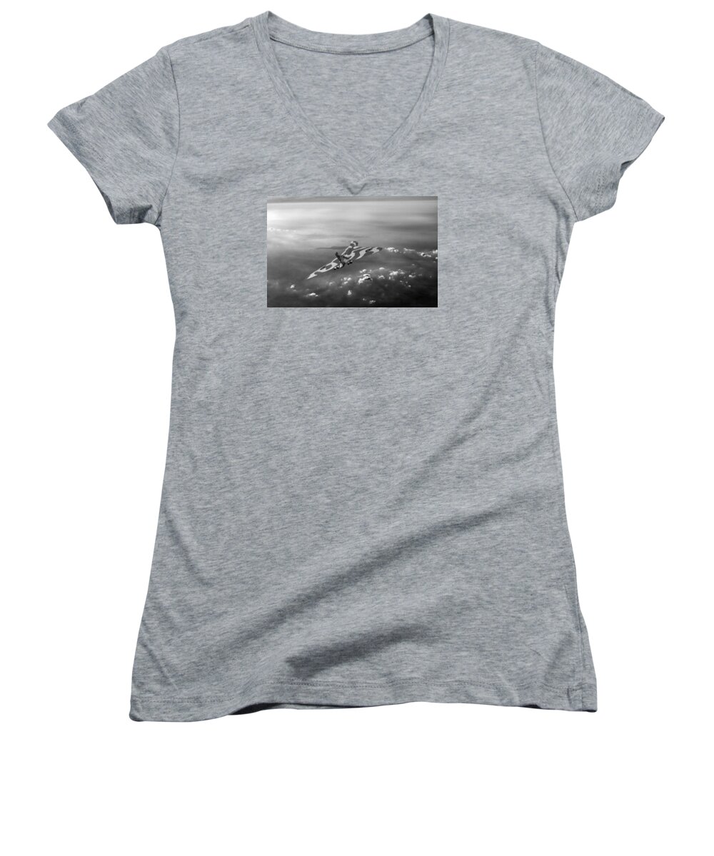 Avro Vulcan Women's V-Neck featuring the photograph Vulcan over the Channel black and white version by Gary Eason