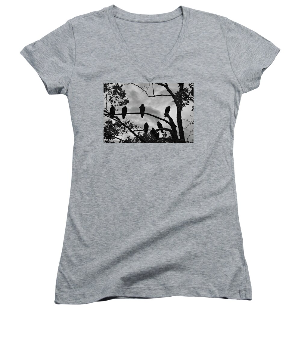Vultures Women's V-Neck featuring the photograph Vultures And Cloudy Sky BW by David Gordon