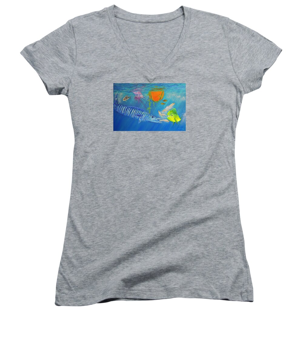 Dolphin Women's V-Neck featuring the painting Wahoo Dolphin Painting by Ken Figurski