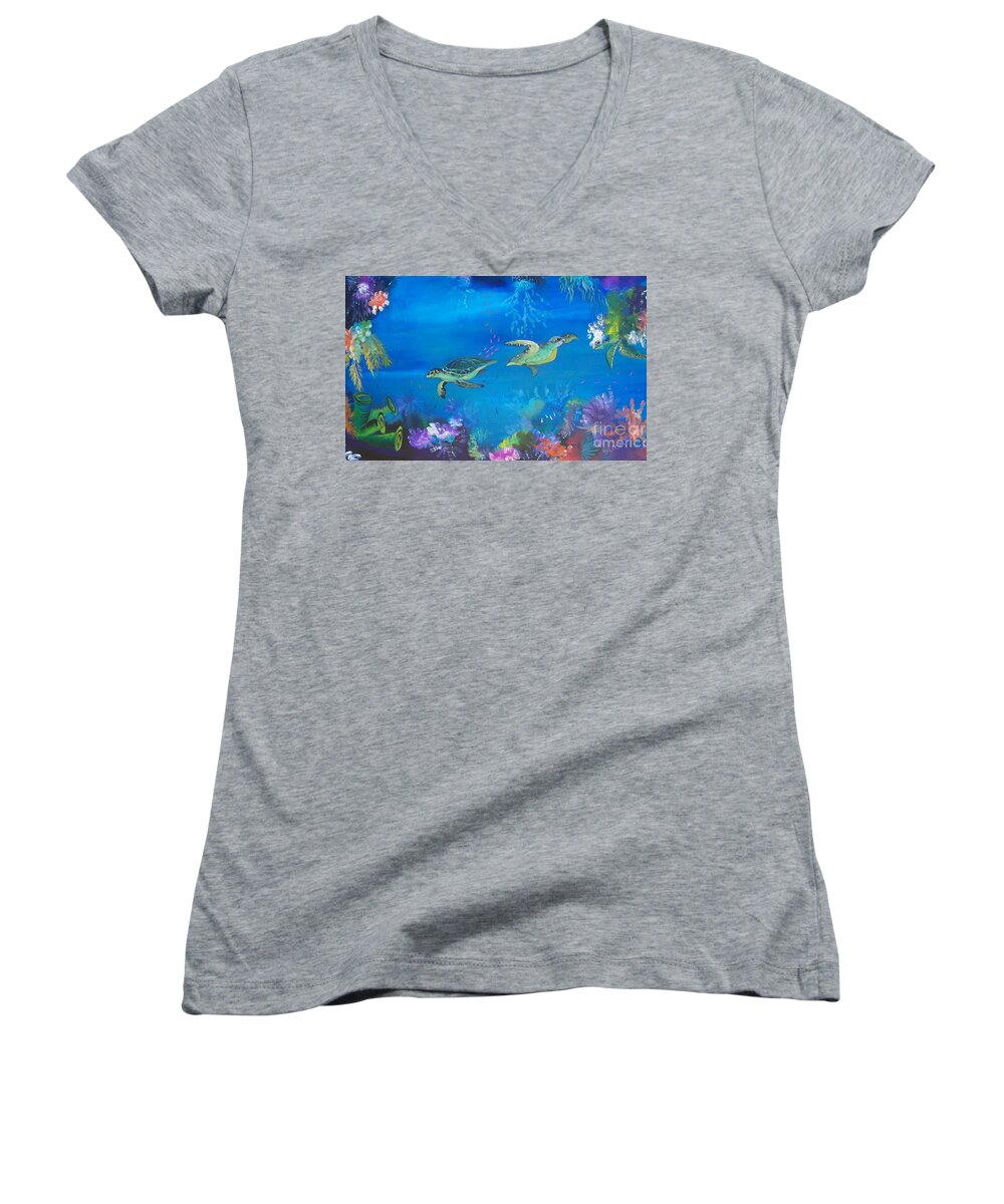 Coral Women's V-Neck featuring the painting Wait For Me by Lyn Olsen