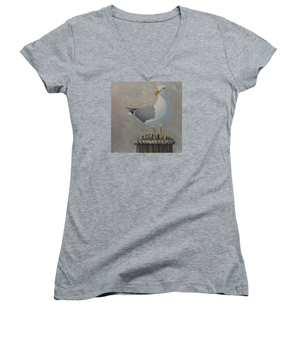 Bird Seagull Ocean Harbor Water Dock Seascape Landscape Women's V-Neck featuring the painting Waiting For Lunch by Scott W White